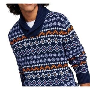 Sun + Stone Men's Fair Isle Pattern‎ Shawl-Collar Ribbed Sweater Blue Med